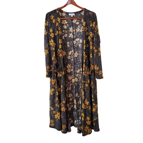 LuLaRoe Sweaters - LuLaRoe Sarah Cardigan Long Duster Open Women's Size M Gray Floral Ribbed Knit